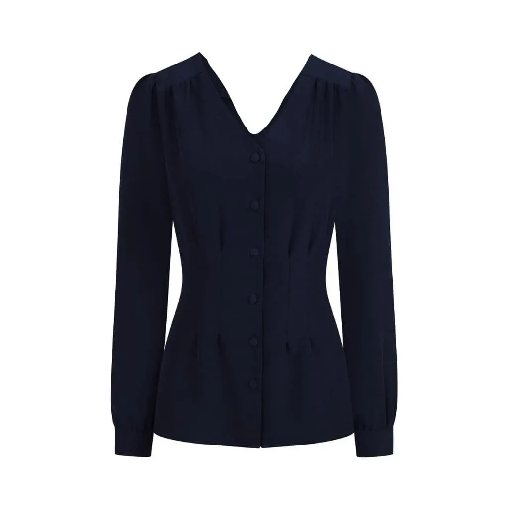 Navy Blue Long Sleeve V Neck Blouse Top