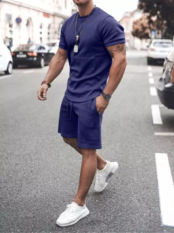 Solid Short-Sleeve Shorts Men Clothing Set