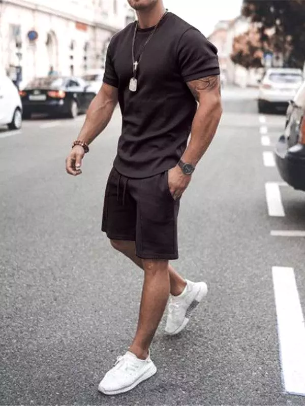 Solid Short-Sleeve Shorts Men Clothing Set