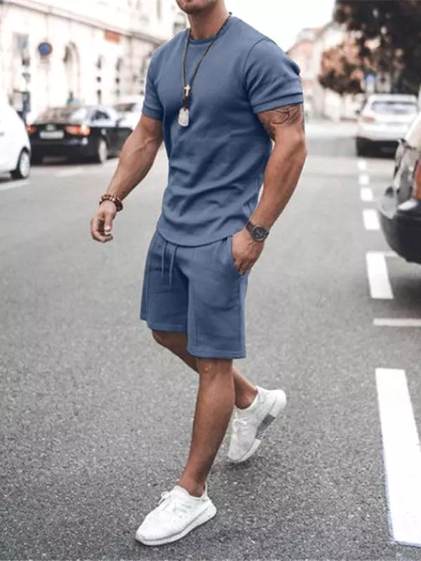 Solid Short-Sleeve Shorts Men Clothing Set