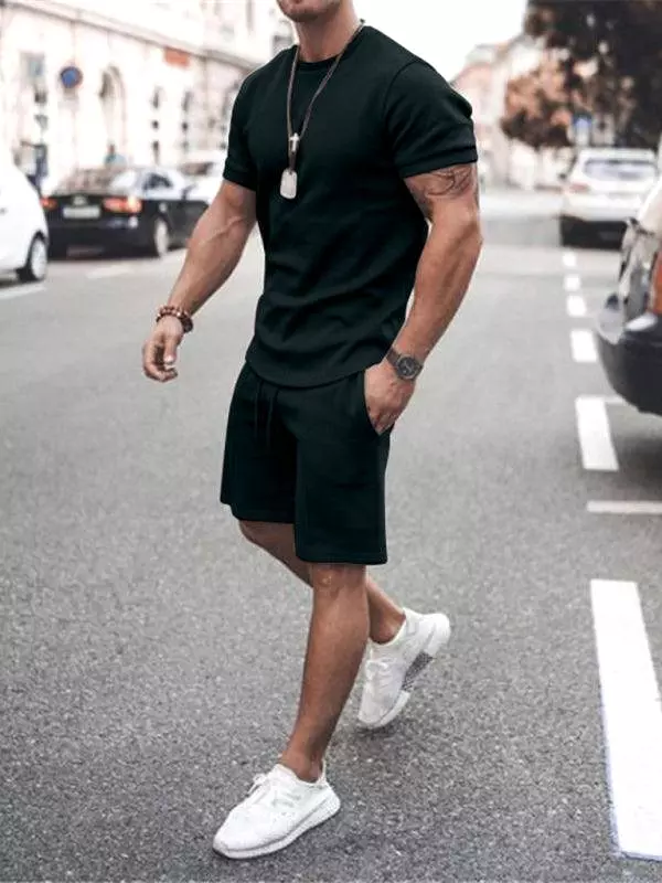 Solid Short-Sleeve Shorts Men Clothing Set