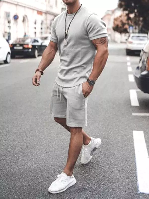 Solid Short-Sleeve Shorts Men Clothing Set