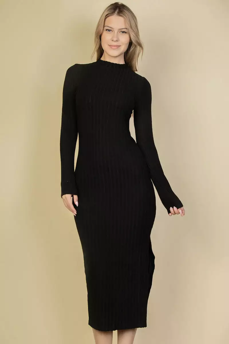 Sweater-Knit Fuzzy Mock Neck Split Thigh Dress