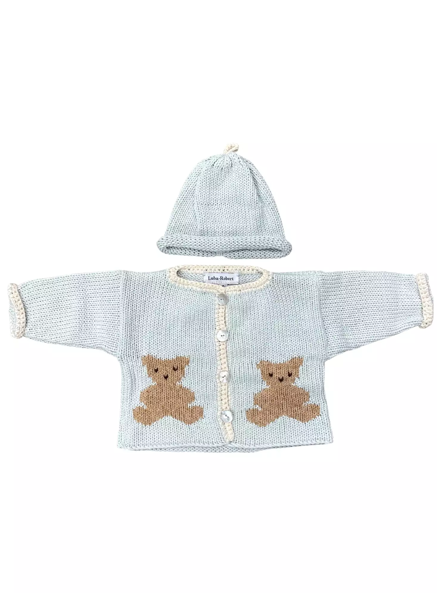 Teddy bear hand knit cardigan and hat sweater set