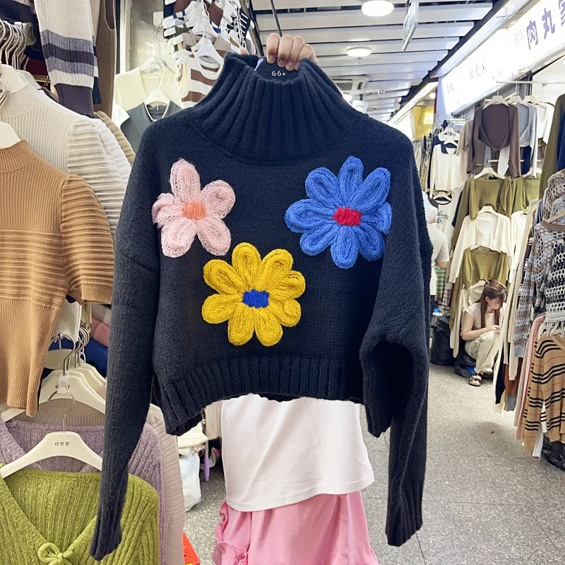 Turtleneck Flowers Women Sweaters Korean Fashion Sweet Vintage Short Pull Femme Autumn Winter Elegant Pullovers