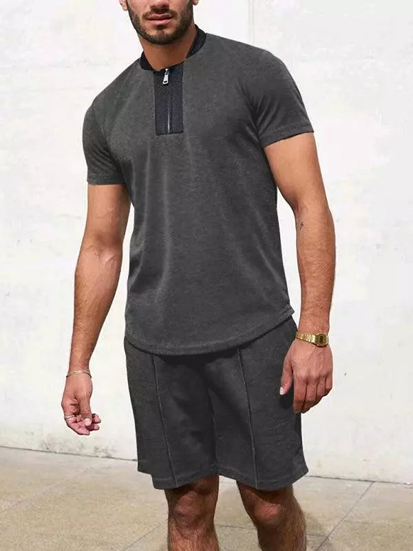 Waffle V-Neck Zipper T-Shirt Men Clothing Set