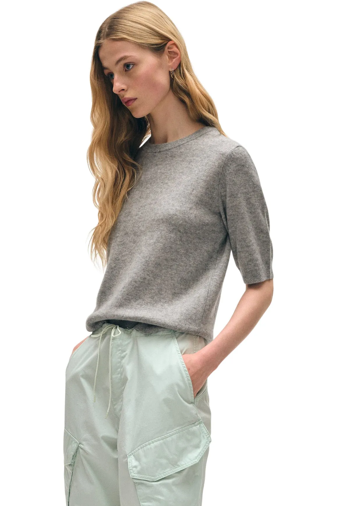 White & Warren Cashmere Elbow Sleeve Tee in Grey Heather