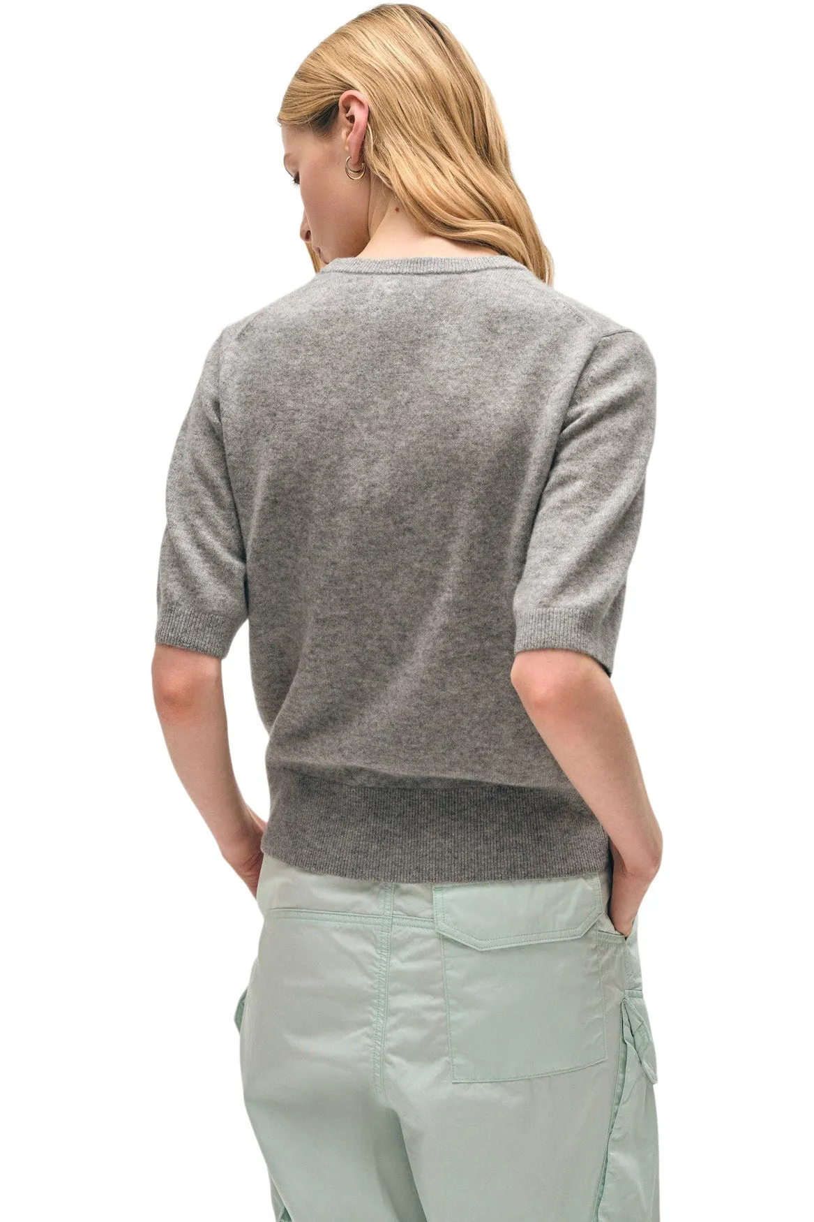 White & Warren Cashmere Elbow Sleeve Tee in Grey Heather