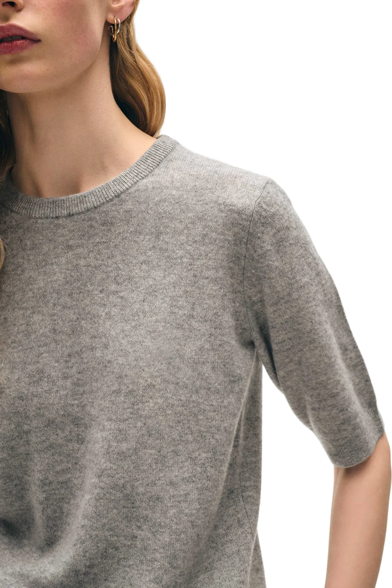 White & Warren Cashmere Elbow Sleeve Tee in Grey Heather