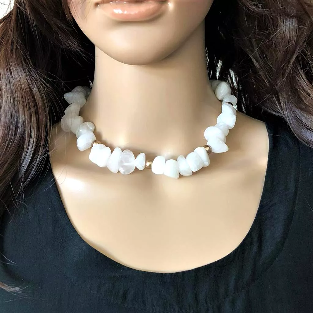 White Agate Beaded Necklace with Gold Swarovski Pearl Beads