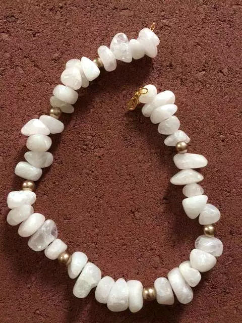 White Agate Beaded Necklace with Gold Swarovski Pearl Beads