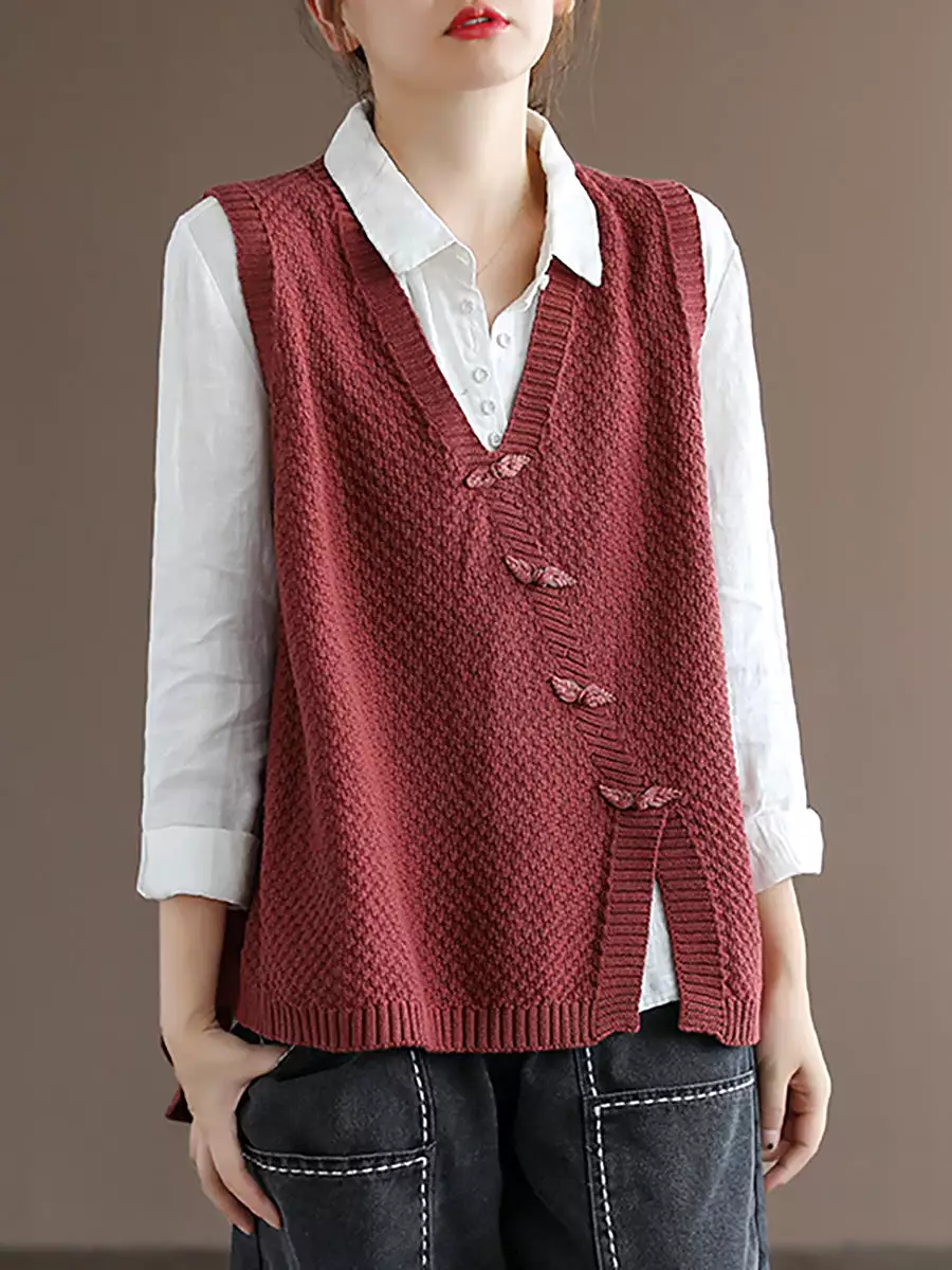 Women Button Knitted Split Sleeveless Vest Waistcoat Sweater