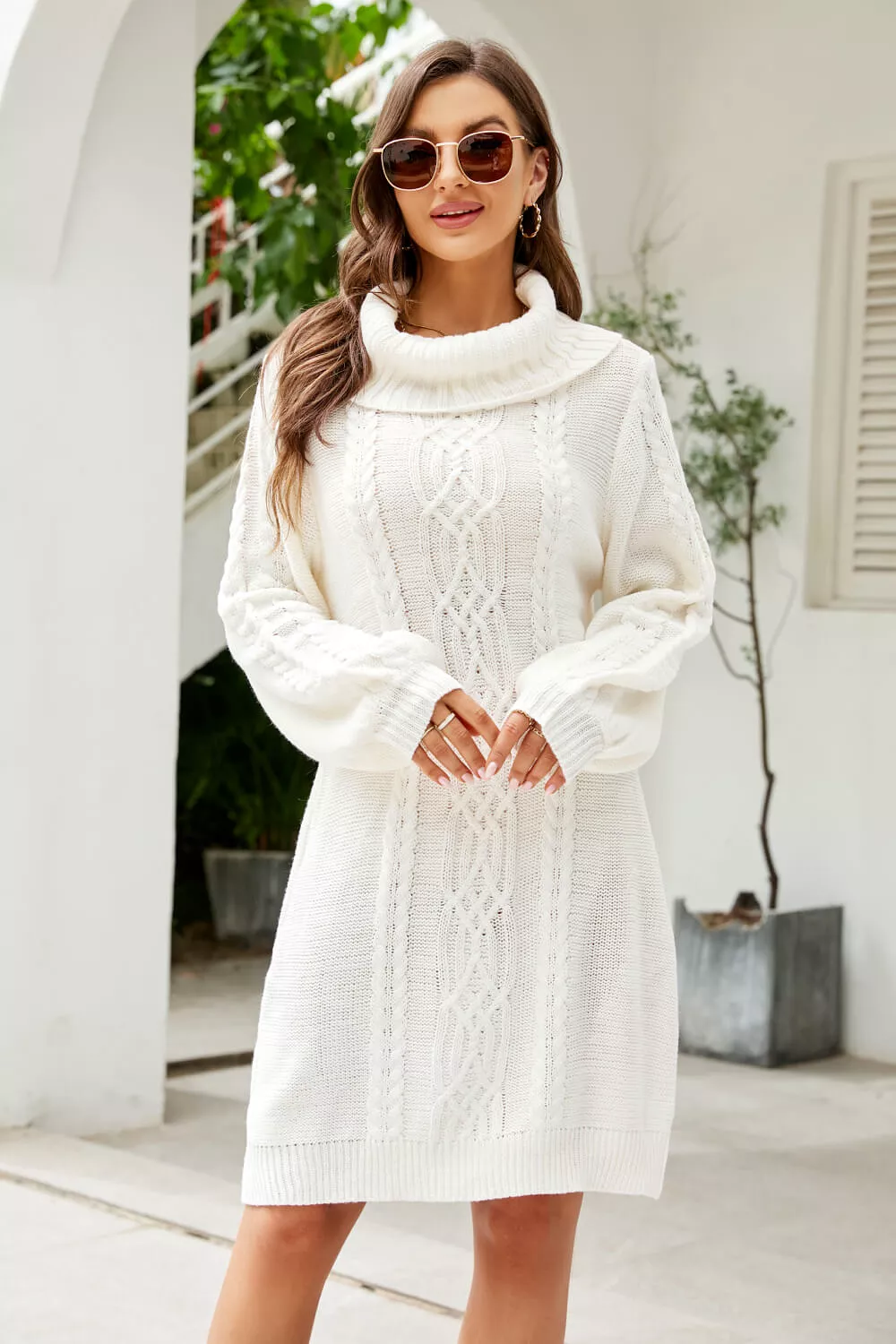 Woven Right Mixed Knit Turtleneck Lantern Sleeve Sweater Dress