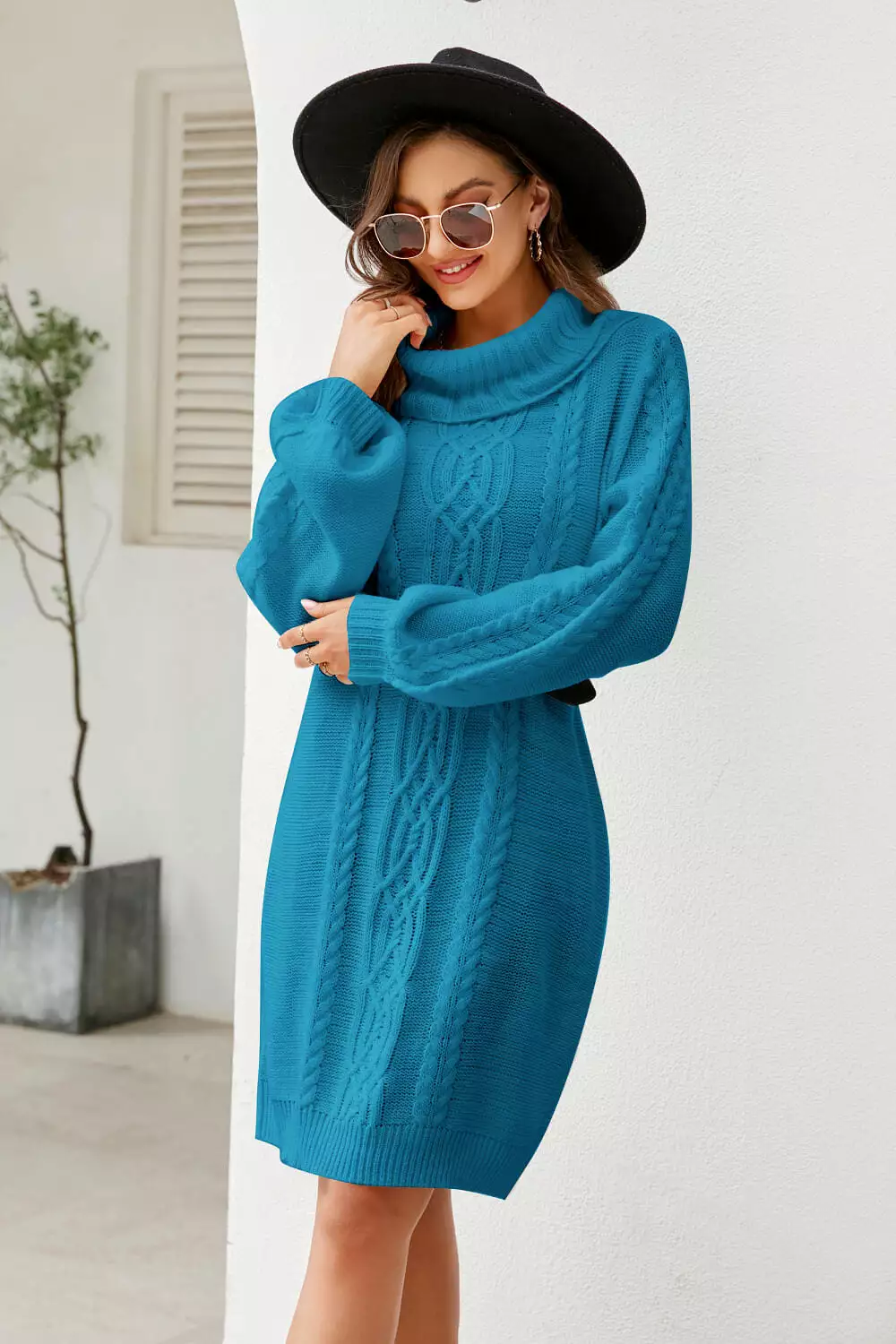 Woven Right Mixed Knit Turtleneck Lantern Sleeve Sweater Dress