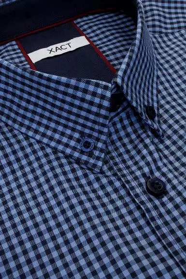 Xact Men's Gingham Check Shirt with Button-Down Collar - Short Sleeved