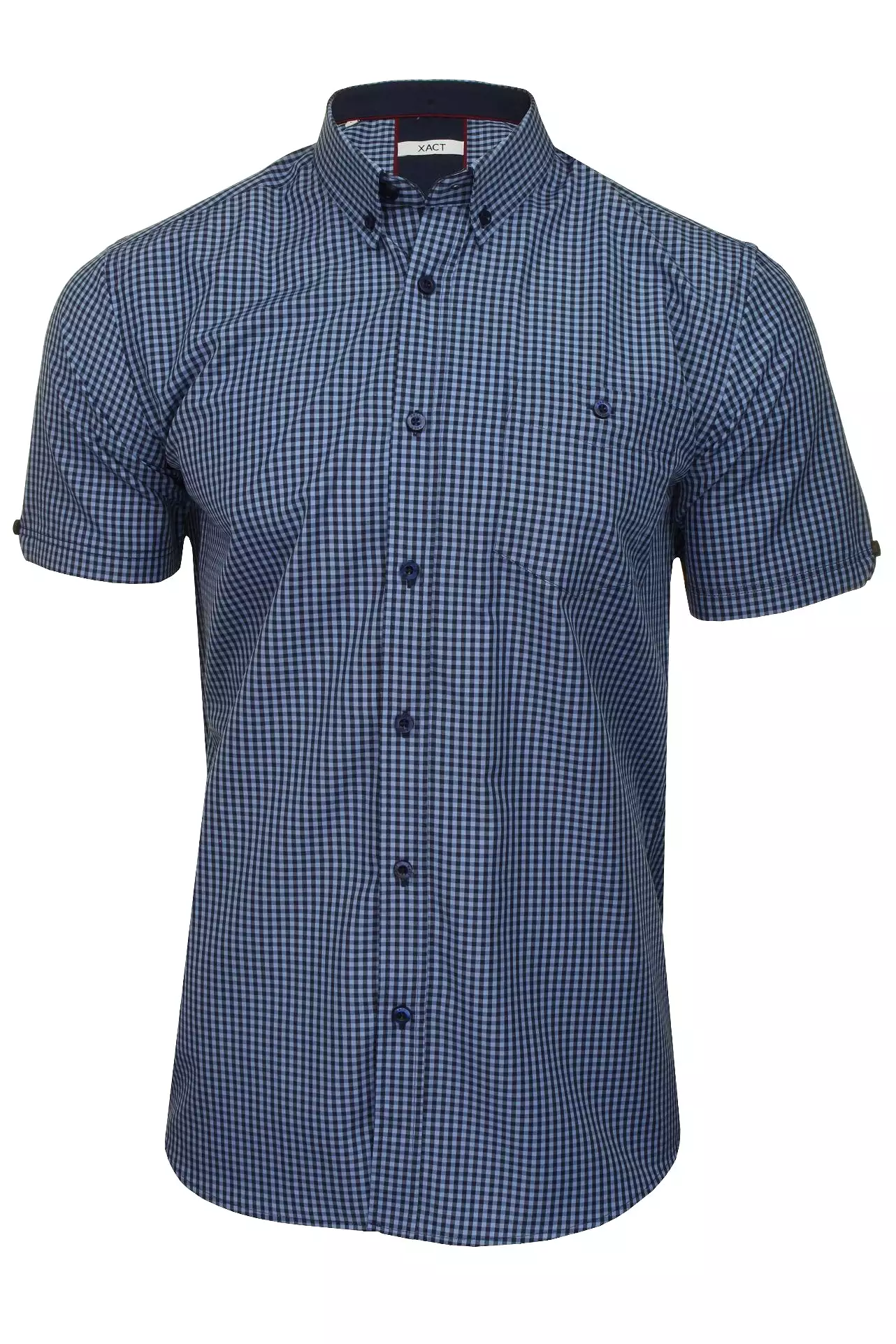 Xact Men's Gingham Check Shirt with Button-Down Collar - Short Sleeved