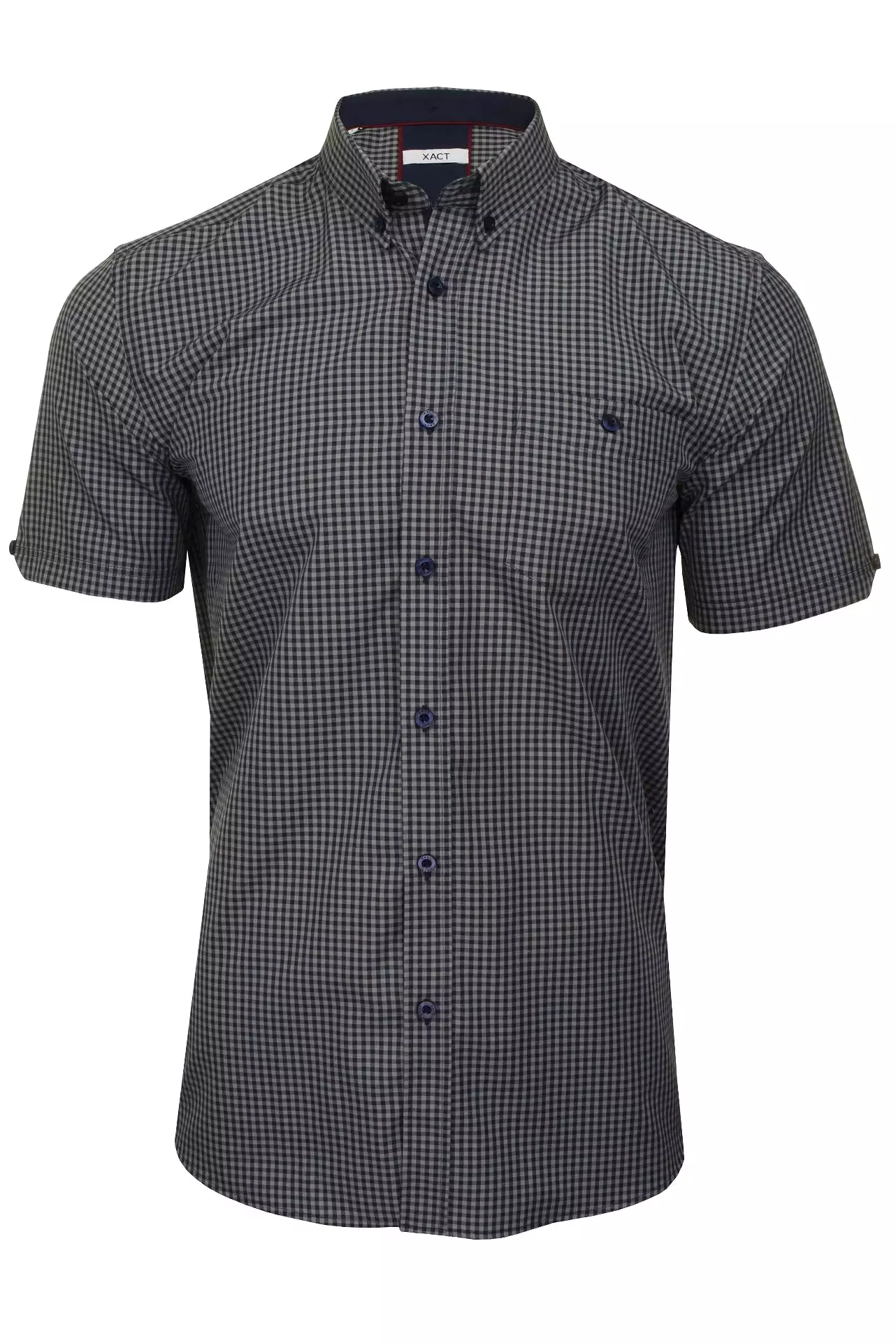 Xact Men's Gingham Check Shirt with Button-Down Collar - Short Sleeved