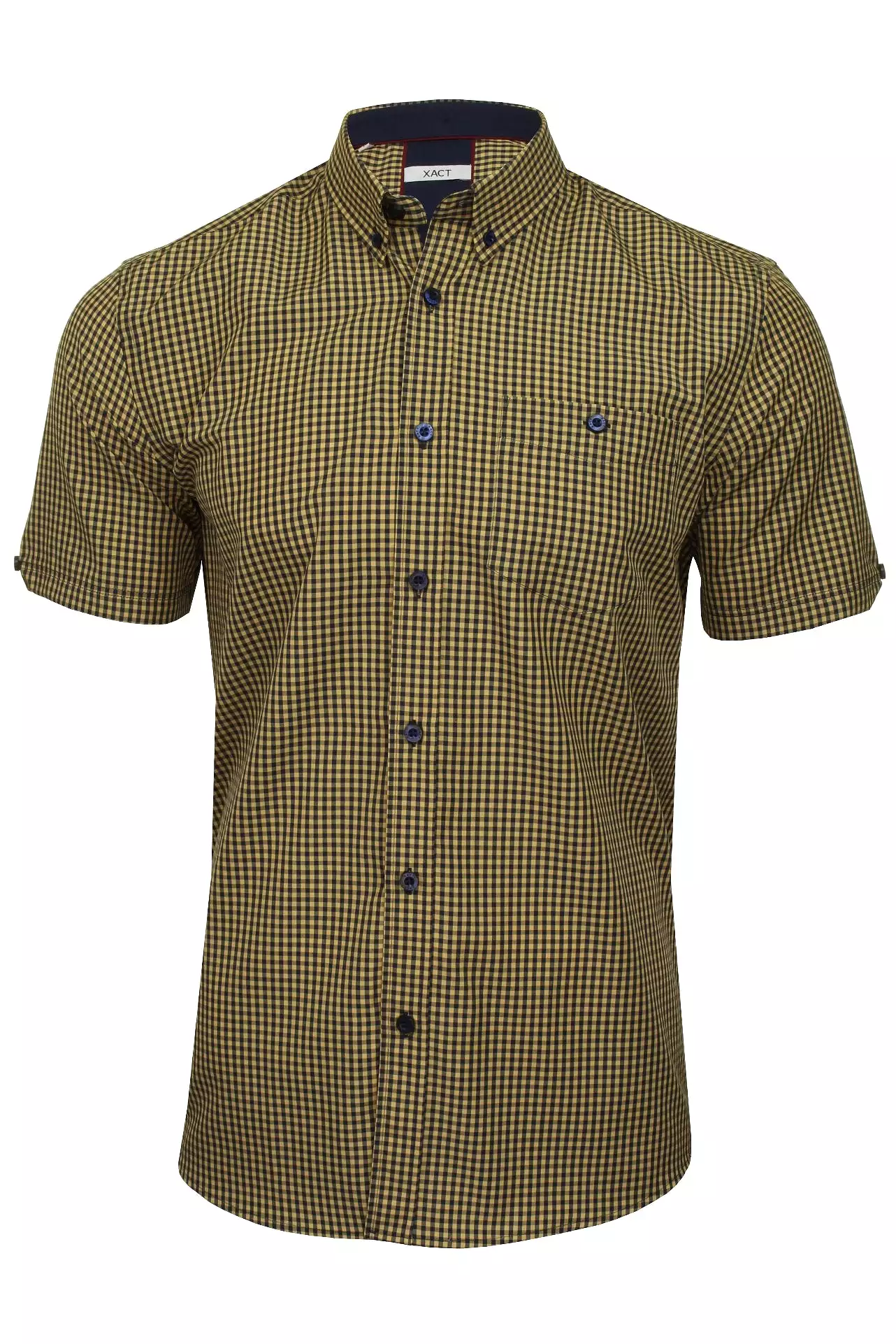 Xact Men's Gingham Check Shirt with Button-Down Collar - Short Sleeved