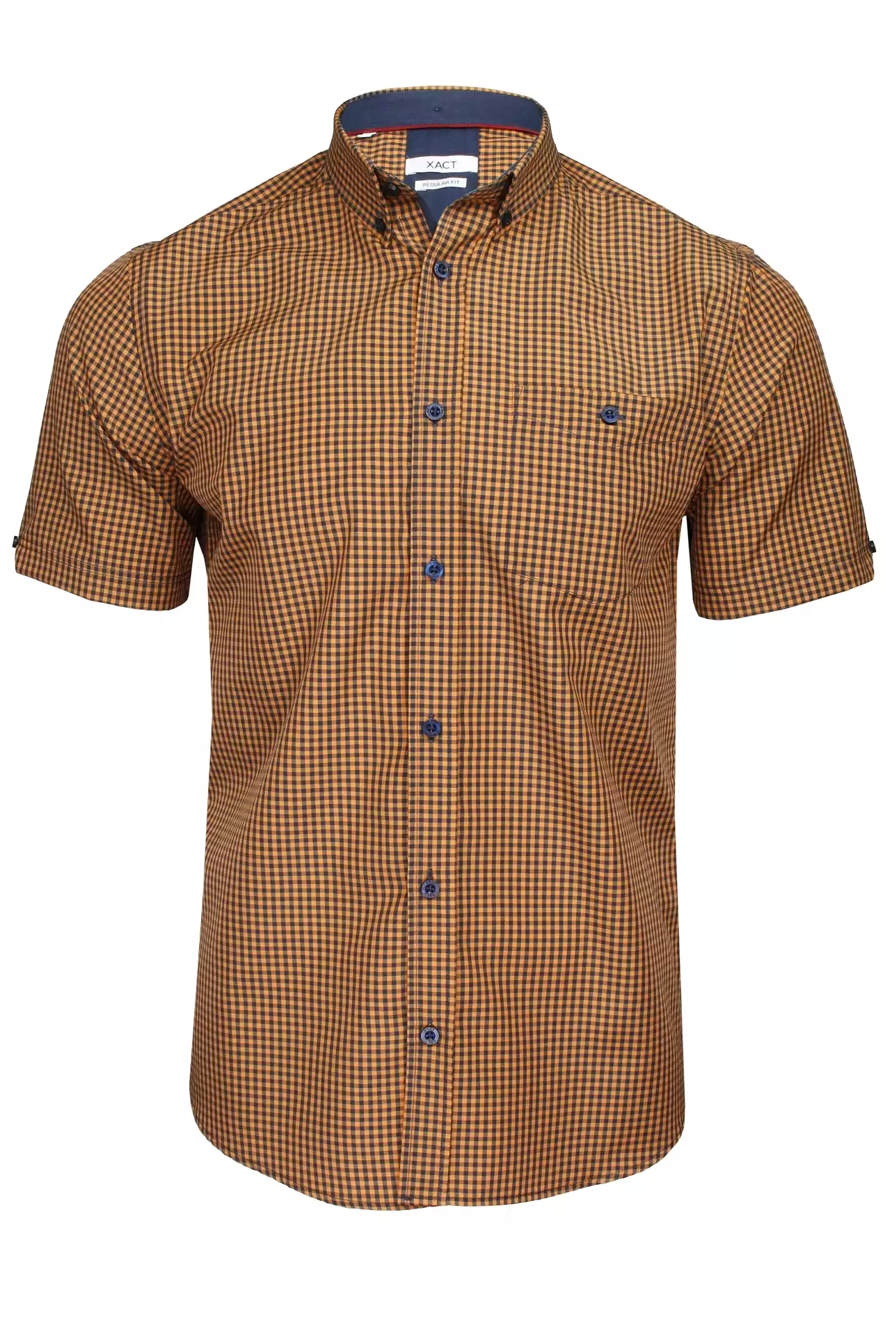 Xact Men's Gingham Check Shirt with Button-Down Collar - Short Sleeved