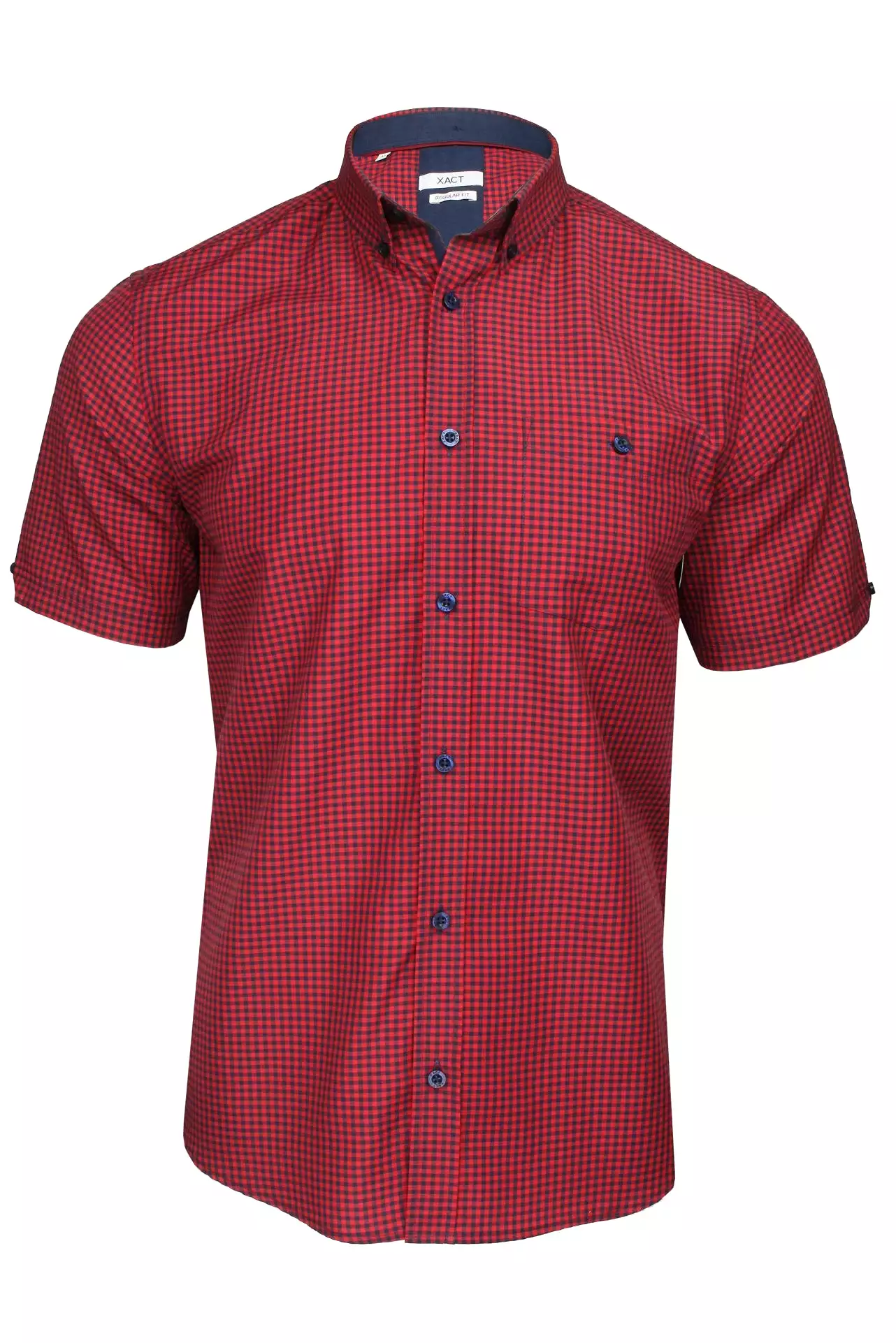 Xact Men's Gingham Check Shirt with Button-Down Collar - Short Sleeved